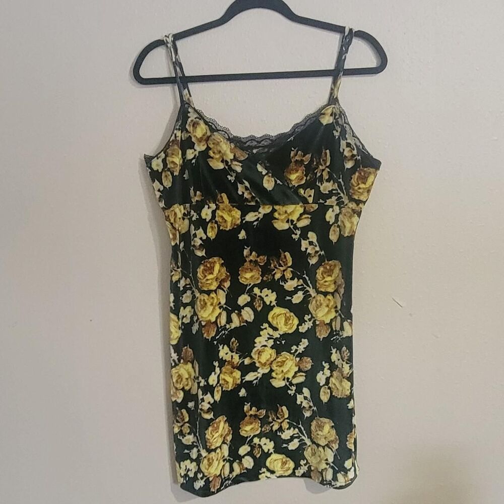 Floral Velvet Slip Dress in Green and Yellow